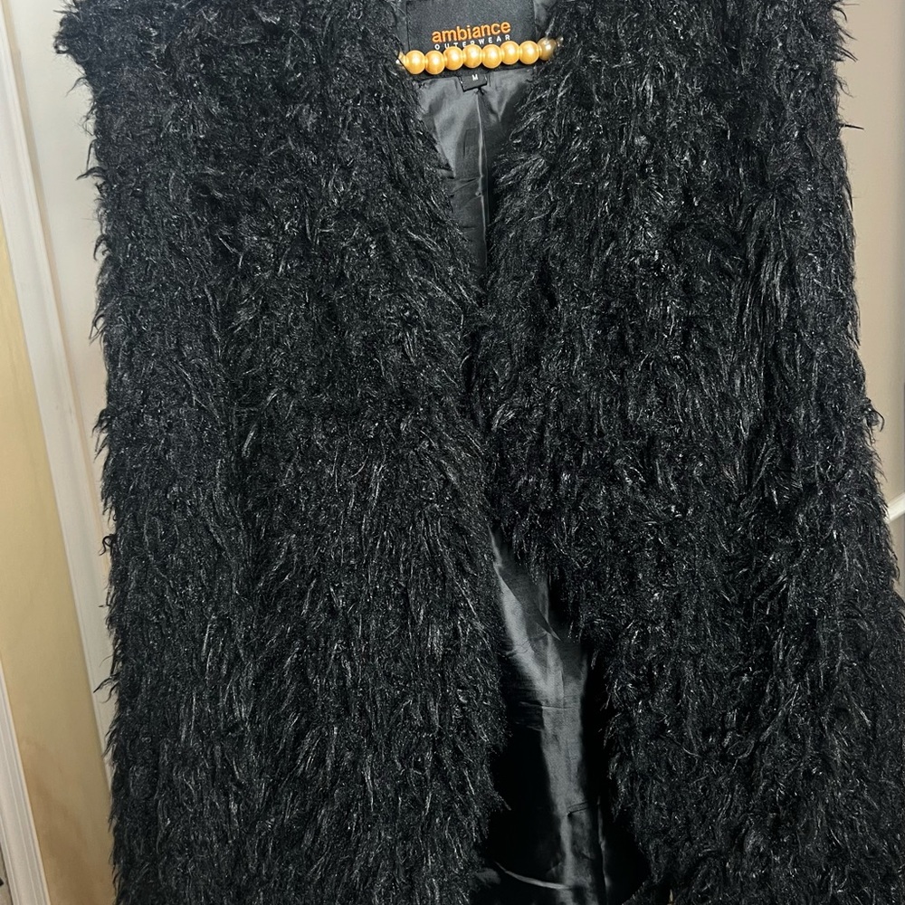 Ambiance Black Fuzzy Vest with Gold Accents